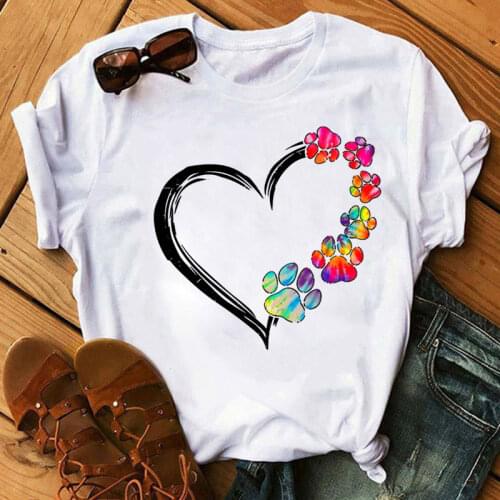 Watercolor Heart Dog Paw T Shirt Fashion Women T-shirt Cartoon Tee Shirts Harajuku Tops Tee Short Sleeve Cute Female Tshirts Tee
