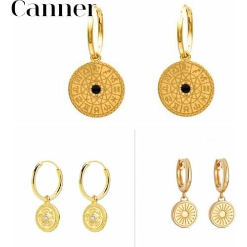 Canner 100% 925 Sterling Silver Earrings For Women Coin Pendant Flower Embossed Celestial Sunrise Drop Earrings pendientes W5