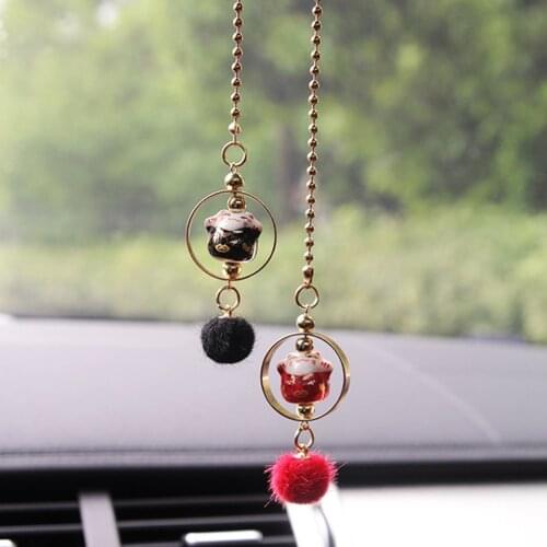 Car Pendant Maneki Neko Car Rearview Mirror Decoration Ceramics Alloy Lucky Cat Hanging Ornament Automobile Dashboard Accessory