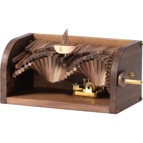 DIY Wooden Music Box Puzzle Model Building Kit Hand Crank Wave Maker Musical Box Special Gift Home Decor - Black Wave