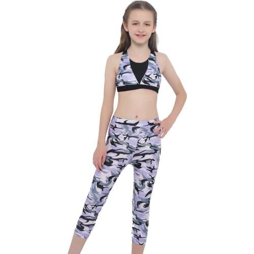 Kids Girls Athletic Suit Summer Dance Outfits Camouflage Tracksuit Sports Sport Top Bra and Pants for Children Running Workout