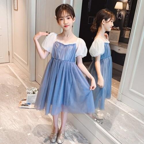 2021 Summer Girls Dress Gauze Tutu Princess Children Dresses Kids Blue And White Color Patchwork Robe Fille Vestidos De Festa