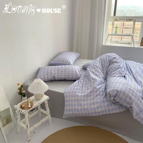 Blue Purple Plaid Bedding Set 100% Cotton King Size Gentle Lovely Girl Room Decoration Quilt Sheet Fitted Sheet