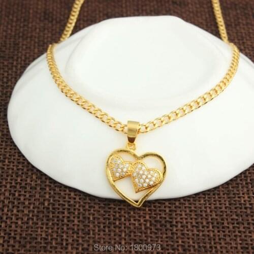 Fashion Jewelry Gold Color cute two heart love crystal pendant necklace women girls female Valentines Day gift