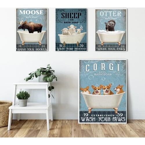 Nursery Canvas Prints Wall Posters Animal Wash Your Paws Quote Poster Cow Sheep In Bath Pictures For Bathroom Home Decoration