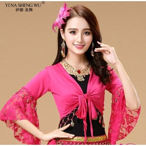 New Womens Belly Dance Costume Lace Short sleeve Gold Coins Tops & Tees Indian Clothing Belly Dance Tops For Women