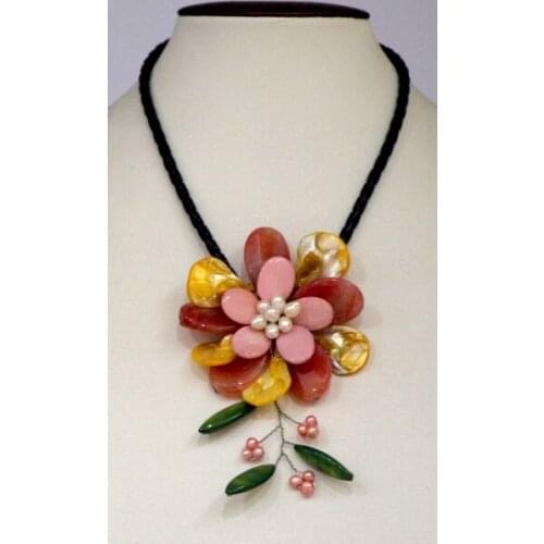 2019 new arrival hot pink stone and yelllow shell mother of pearl choker necklace with woven leather 20inches