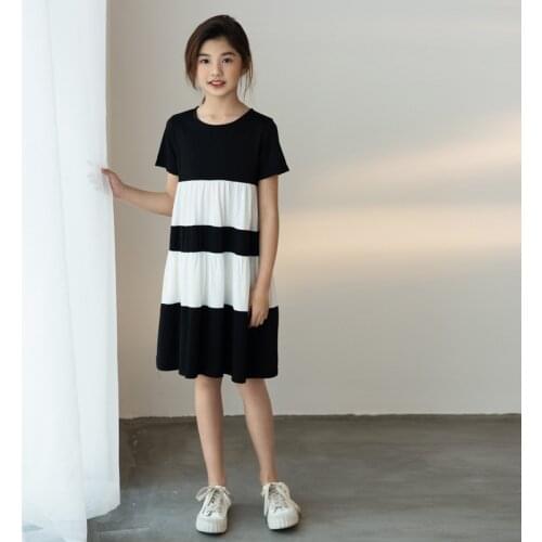 Teen Girls Elegant Dress Summer Black White Striped Cotton Dresses Japanese style 10 12 14 15 16 years old Clothes
