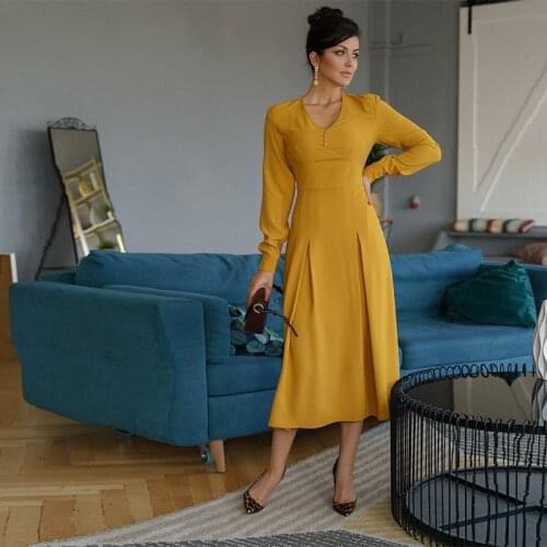 Women Vintage Front Button Sexy Slim A-line Party Dress Long Sleeve Sexy V neck Solid Elegant Dress 2020 Spring Fashion Dress