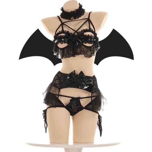 Sexy Lace Bat Lingerie Pu Leather Little Demon Women Devil Cosplay Sexy Costumes Open Cup Bra Set Lolita Anime Exotic Apparel