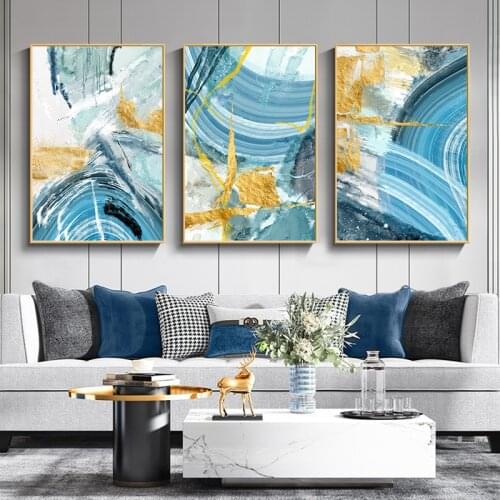 Nordic Golden Blue Abstract Canvas Poster Wall Art print Painting Decorative Wall Pictures for Living room Moden Home Decor