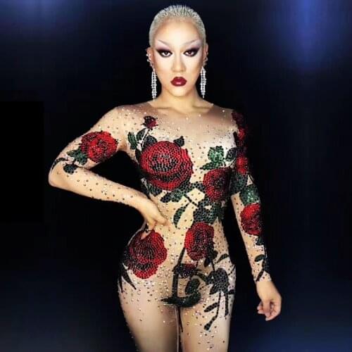 Sexy red rose rhinestone water drill elastic jumpsuit bar nightclub concert singer dancer costume