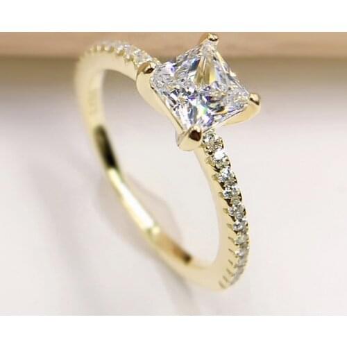 Created Moissanite Square White/ Gold Plated Ring Ice Flower Cut 925 Sterling Silver Ring for Women Engagement Anniversary Gift