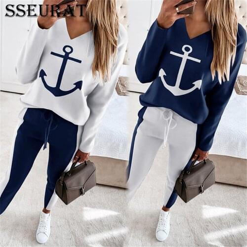 SSEURAT Women Set Anchor Printed Long-sleeved V-neck Blouse and Pants 2 pieces Set Fall Womens Fashion Casual Sports Suit