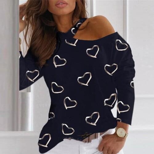 Spring Womens Casual Heart-Shaped Printed T-Shirt Elegant Strapless O-Neck Long Sleeve Top Fashion Ladies T-Shirt 2020