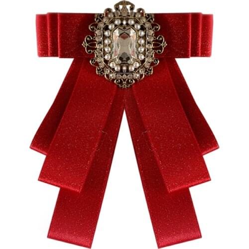 Vintage Ribbon Bow Tie Brooch Crystal Flower Pins Bowtie Badge Collar Brooches Pin for Women Men Wedding Party Accessories Gifts