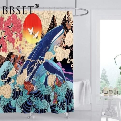 Japanese Ukiyoe Shower Curtain Whale Sunset Ocean Mountain Pattern Waterproof Multi-size Douchegordijn Polyester Bathroom Decor