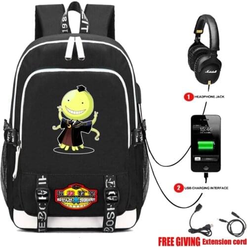 USB Charging Headphone interface Teenagers Student book bag Men Women Casual travel bag anime Ansatsu Kyoushitsu Backpack