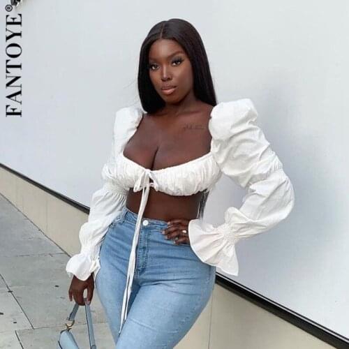 Fantoye Sexy Backless Strapless Lace Up Women T-shirt White Lantern Sleeve Ruched Short Tops Ladies Summer Slim Solid Streetwear