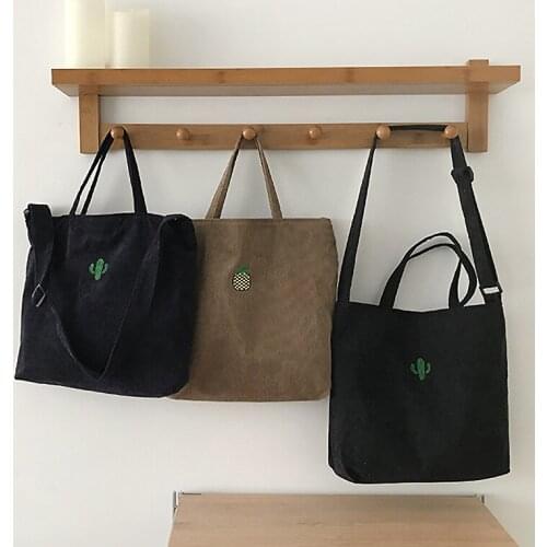 Ladies Corduroy Shoulder Bag Female Cute Cactus Embroidered Handbag Woman Casual Tote Simple Crossbody Bag for Girls