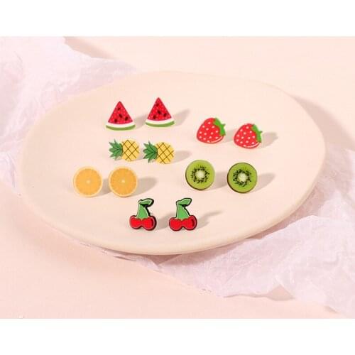 Cute Fruit Cartoon Lemon Strawberry Kiwi Peach Watermelon Flower Big Stud Earrings For Women Girls Ear Summer Beach Jewelry