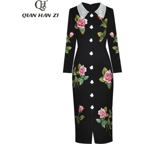Qian Han Zi designer fashion runway women dress Lace collar Long sleeve retro button slim Mid-length Rose embroidered dress