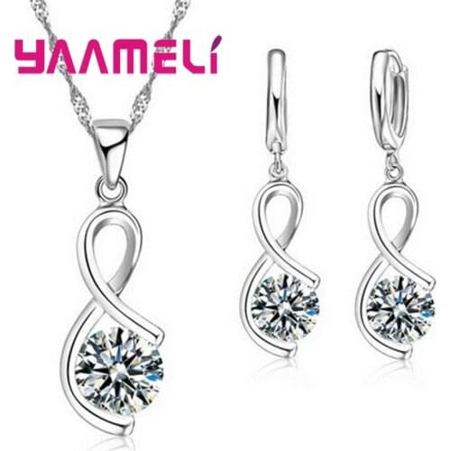925 Sterling Silver Necklace+Earrings Sets Surrounding Shape Embellishment Crystal For Women Christmas Surprise Present