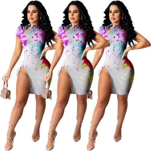 Women Graffiti Dress Stand-Neck Short Sleeve Dresses Streetwear 2021 Fashion Summer Female Slim Lady Vintage Printing Dress