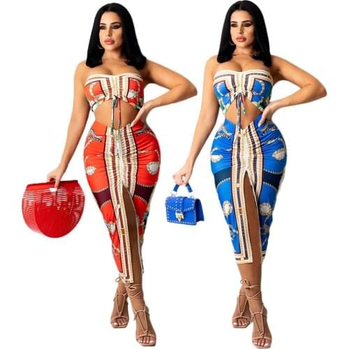 Summer 2021 Womens Maxi Dress Bohemian Style Mercerized Cotton Print Strapless Drawstring Two-Piece Set