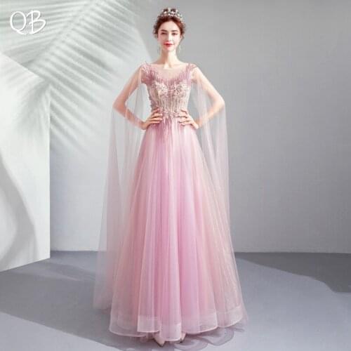 A-line Cape Tulle Flowers Appliques Beaded Sexy Elegant Pink Evening Dresses Bride Banquet Party Prom Dress XK25
