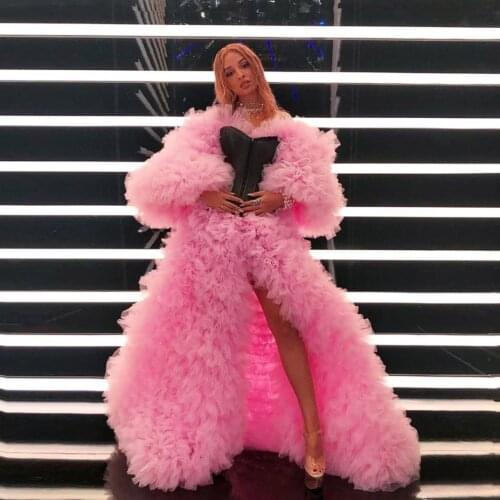 Chic Trend Pink Ruffles Tiered Tulle Women Dresses A-line Long Women Outfit 2021 Puff Sleeves Sexy Prom Gowns