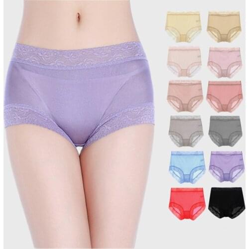 Birdsky, 3pcs Women boxer panties underwear, 100% natural mulberry silk, lace band, mid waist, soft thin, 12 colors. OR-12