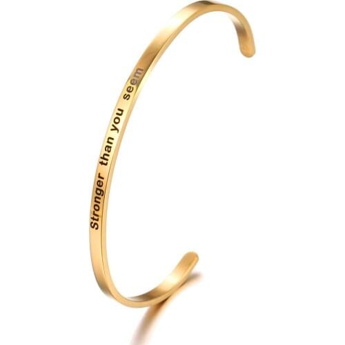 STRONGER THAN YOU SEEM 4mm Width Stainless Steel Round Cuff Bangles For Women Men Inspirational Quote Lettering Bracelets gifts