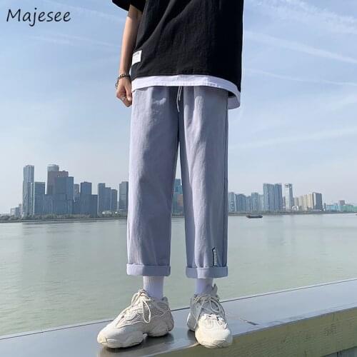 Men Casual Pants Cargo Straight Loose Wide Leg Simple All-match Elastic Waist Fashion Harajuku Ankle Length Trousers Summer Chic