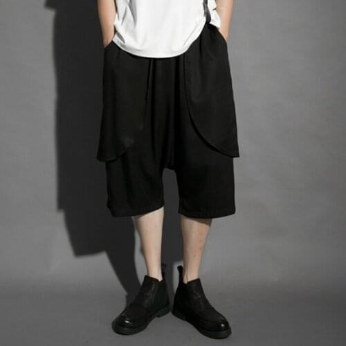 Summer mens Japanese dark black mountain original wind elastic waist suspender pants cross pants loose casual cropped pants