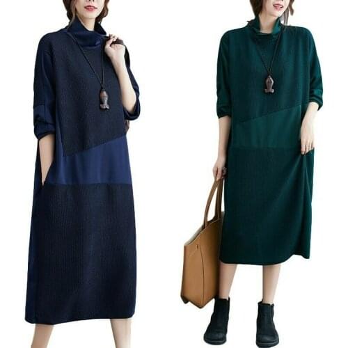 Womens Loose Dress High Neck Long Sleeve Splicing Tunic Pullover Knit Sweater D