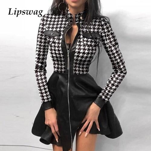 Elegant Stand Neck Zipper Metal Button Mini Dress Women Vintage Print Pu Leather Dress New Casual Autumn Long Sleeve Party Dress