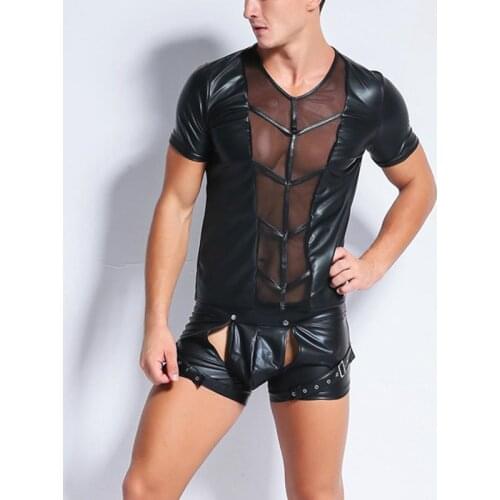 Sexy Men Faux Leather T Shirts Male Fashion Undershirts Men Black Tees Tight Shirts Gay Funny Transparent Mesh Tops Dancewear