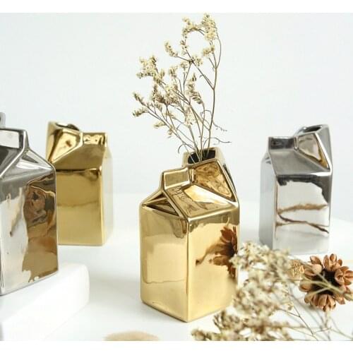 INS Golden Silver Milk Carton Ceramic Vase Geometric Milk Cup Flower Vase Desktop Living Room Soft Potted Plants Home Decoration