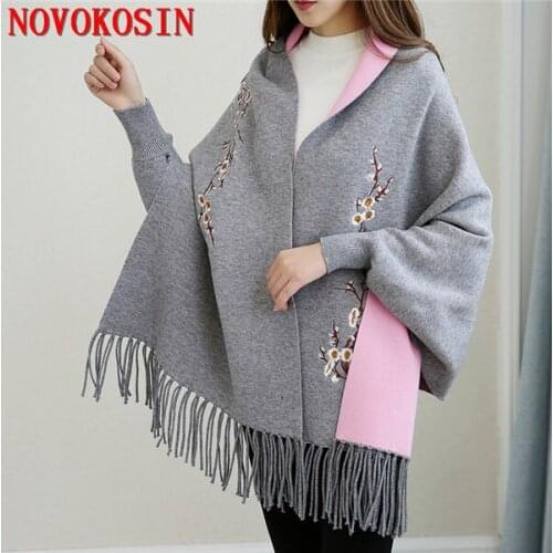 JB1 Oversize Scarf Winnter Faux Cashmere Knitted Women Cardigan Embroidered Designer Female Long Sleeves Cloak Vintage Shawl