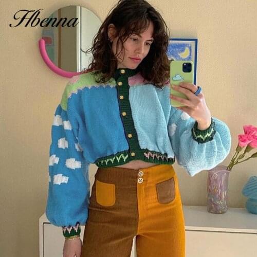 Hbenna Print Casual Women Y2K Cardigans Patchwork Fashion Long Sleeve Knit Sweaters Elegant Skinny Button Up Femme Autumn 2021