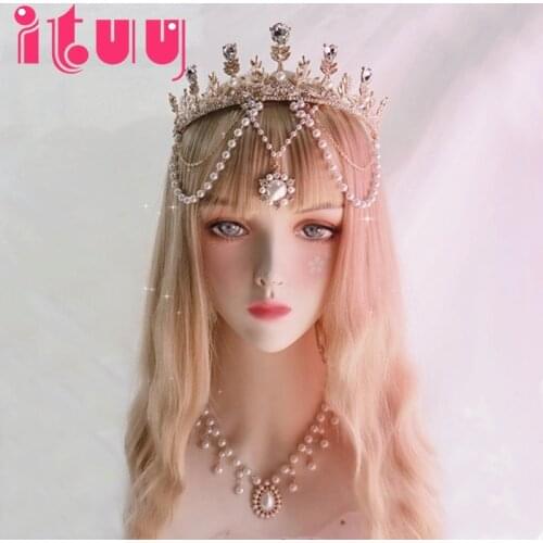 Crown Lolita Headdress Sun Goddess Pearl Sun Pendant Bead chain Crown Bridal Wedding Accessories Gift Baroque Tiara Headwear