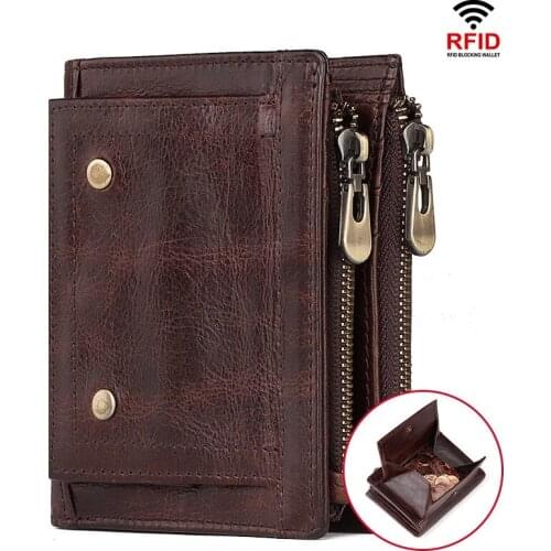 High Quality Mens Leather Japanese Coin Purse RFID Antimagnetic Mens Wallet Retro Double Zipper Multifunctional Wallet