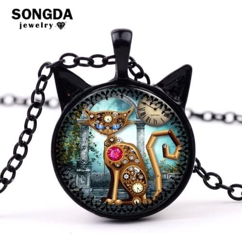 SONGDA Punk Mechanical Cat Red Gem Heart Long Necklace Round Wheel Gear Glass Photo Cabochon Ears Shaped Pendant Choker Necklace