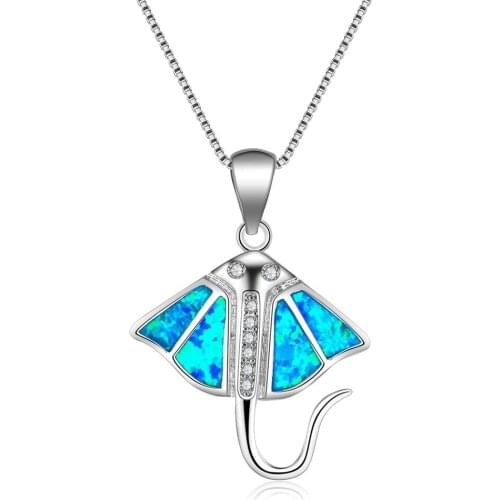 Fashion Bohemian Blue Opal Mobula Pendant Necklaces Silver color Rhinestone Devil Fish Chain Necklace Women Charm Boho Jewelry