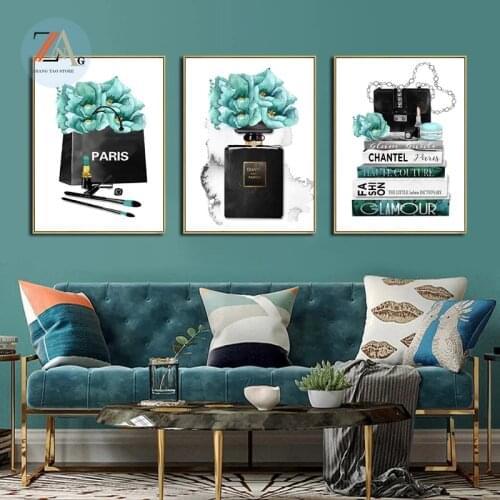 Blue Green Floral Perfume Pack Nordic Printed Fashion Ladies High Heels and Cosmetic Canvas for Modern Home Decor Mural Pictures