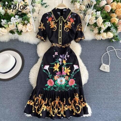 Neploe Retro Palace Style Print Ruffles Dress Women Elegant Shirt Collar Femme Vestidos Chic Button High Waist Dresses 1D860