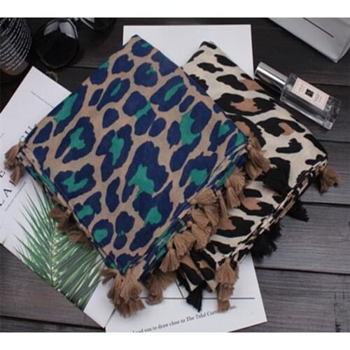 Newest Women Leopard Pattern Quality Cotton Tassel Scarf Shawls 2Colors 10pcs/lot