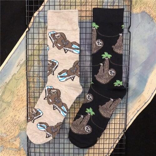 New 75% Cotton Crew Socks Funny Harajuku Hang on Trees Bask Sun Bathe Cute Novelty Cartoon Sandy Beach Sloth Christmas Sock Gift