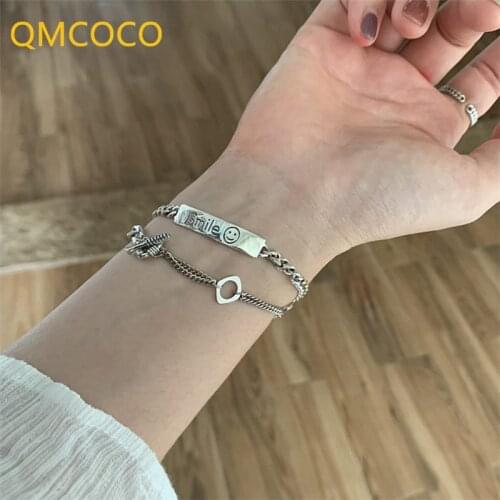 QMCOCO 925 Silver 2021 New Trendy Smile Face Hollow Out Bracelet Vintage Handmade OT Clasp Geometry Party Accessories Jewelry